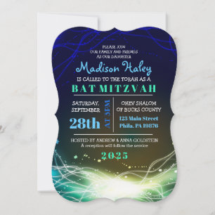 Glowing Neon Stars Bar Mitzvah Invitation blue