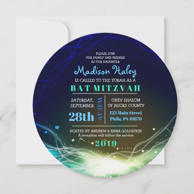 Glowing Neon Stars Bar Mitzvah Invitation blue (Front)