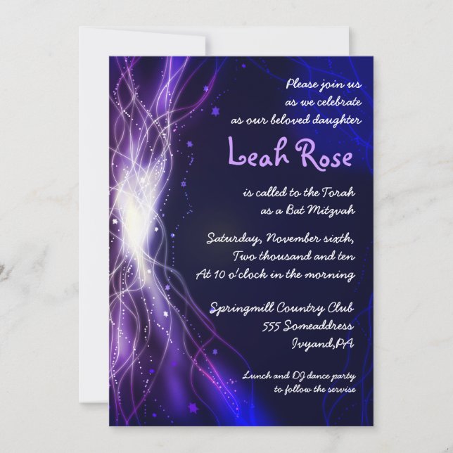 Glowing Neon Stars Bat Mitzvah Invitation purple (Front)