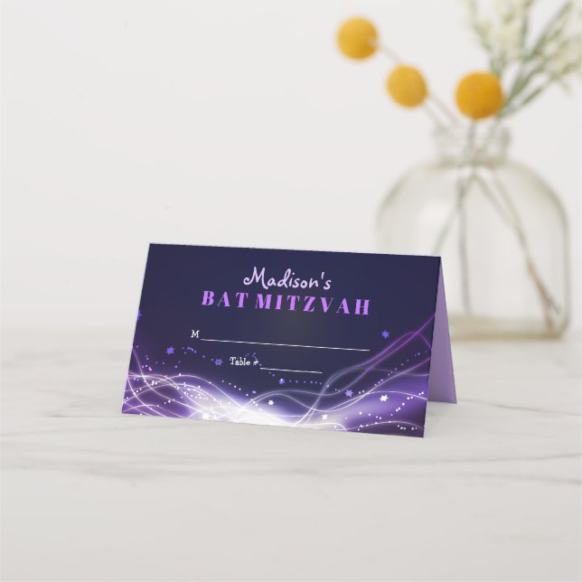 GLOWING NEON STARS Bat Mitzvah Seating Escort Place Card (Front)