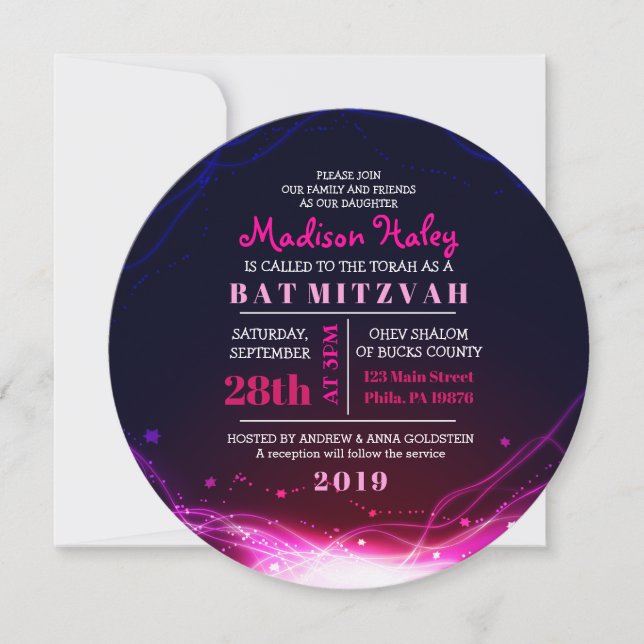 GLOWING NEON STARS FUSCHIA Bat Mitzvah Invitation (Front)