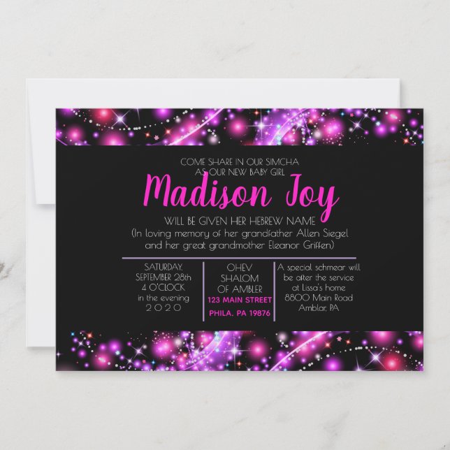 GLOWING NEON STARS Jewish Baby Naming Invitation (Front)