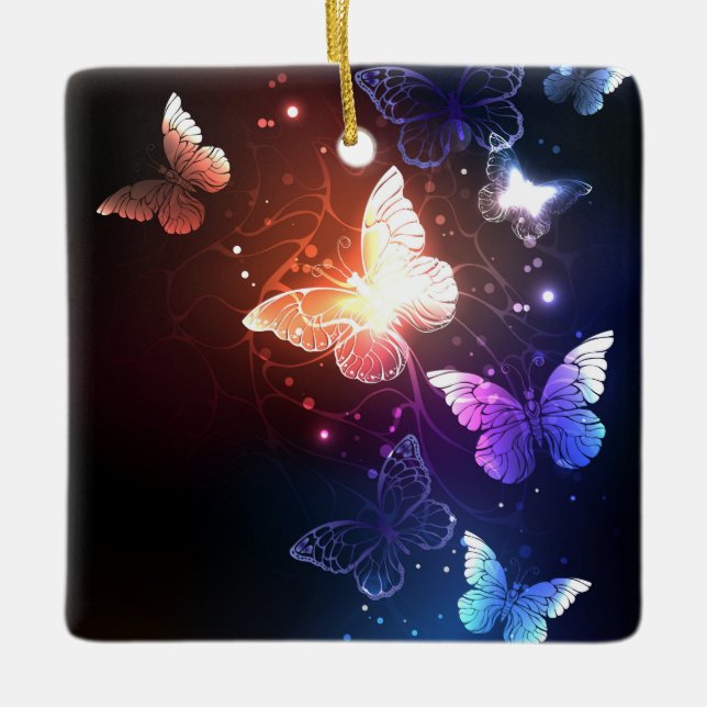 Glowing Night Butterflies Ceramic Ornament (Front)