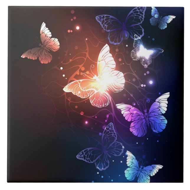 Glowing Night Butterflies Ceramic Tile (Front)