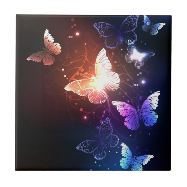 Glowing Night Butterflies Ceramic Tile (Front)