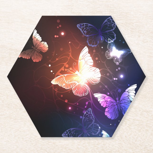Glowing Night Butterflies Paper Coaster (Front)