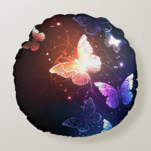 Glowing Night Butterflies Round Cushion