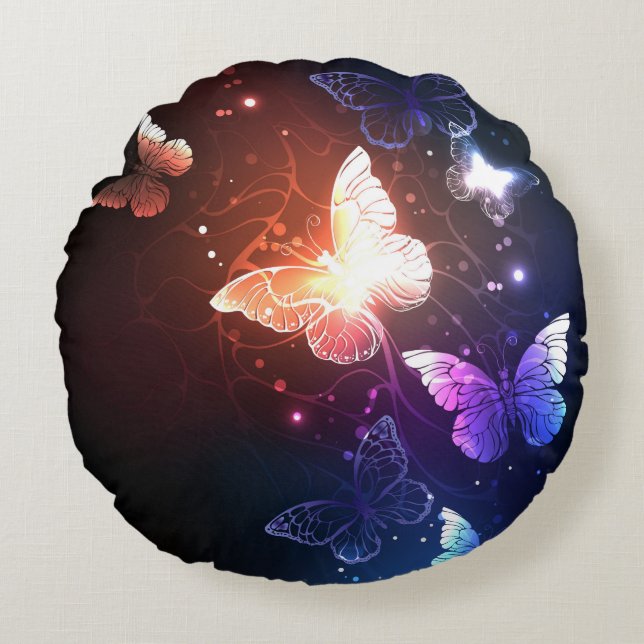 Glowing Night Butterflies Round Cushion (Front)