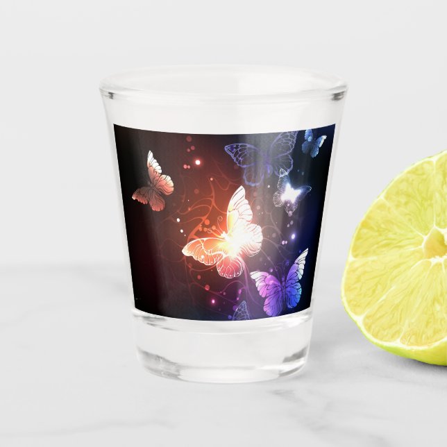 Glowing Night Butterflies Shot Glass (Front)