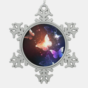 Glowing Night Butterflies Snowflake Pewter Christmas Ornament