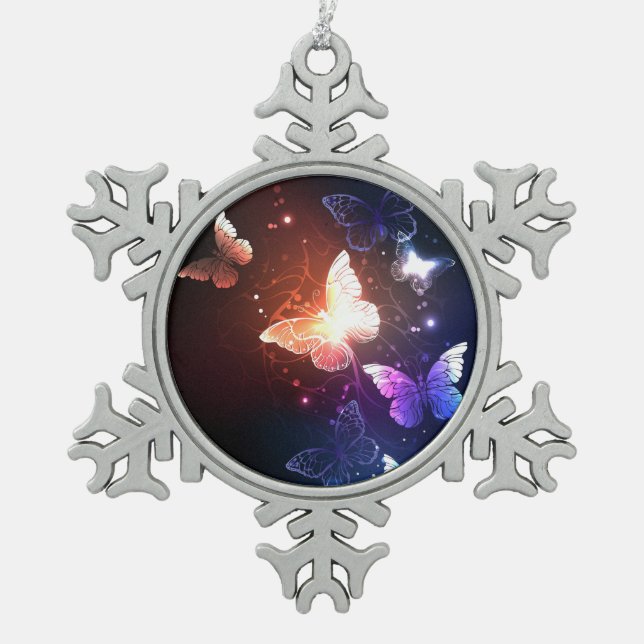 Glowing Night Butterflies Snowflake Pewter Christmas Ornament (Front)
