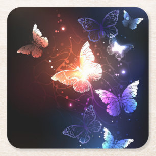 Glowing Night Butterflies Square Paper Coaster