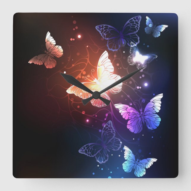 Glowing Night Butterflies Square Wall Clock (Front)