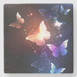 Glowing Night Butterflies Stone Coaster