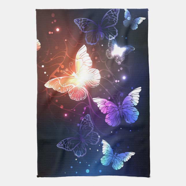 Glowing Night Butterflies Tea Towel (Vertical)
