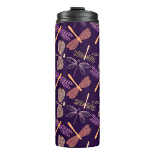 Glowing night dragonflies on dark plum background thermal tumbler