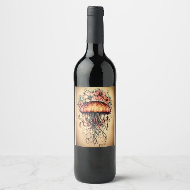 Glowing Ocean: Bottle Jellyfish Design" Wine Label (Front)