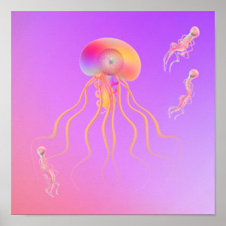 Glowing ocean creatures in vaporwave colours. poster