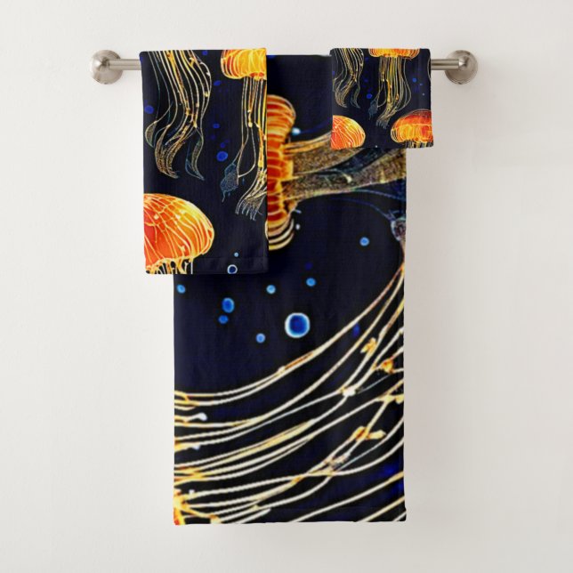Glowing Ocean Jellyfish Art Bath Towel Set (Insitu)