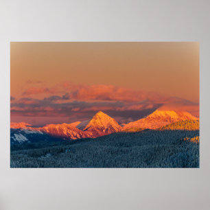 Glowing orange winter mountain range poster