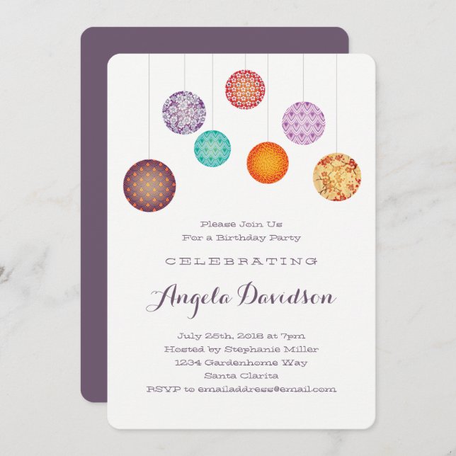 Glowing Paper Lanterns Birthday Plum Invitation (Front/Back)