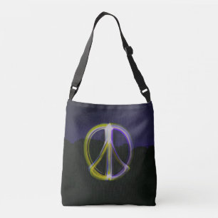 Glowing Peace Sign in Night Sky Mountains Crossbody Bag