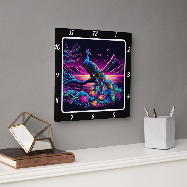 Glowing Peacock Timepiece Square Wall Clock (Office)