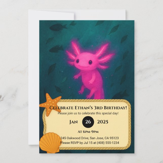 Glowing Pink Axolotl Underwater Birthday  Invitation (Front)