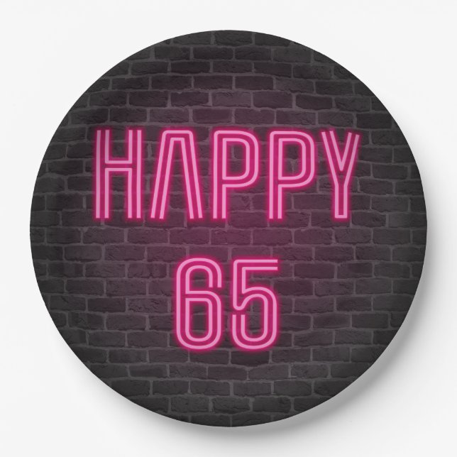 Glowing Pink Neon Sigh for 65th Birthday Paper Plate (Front)