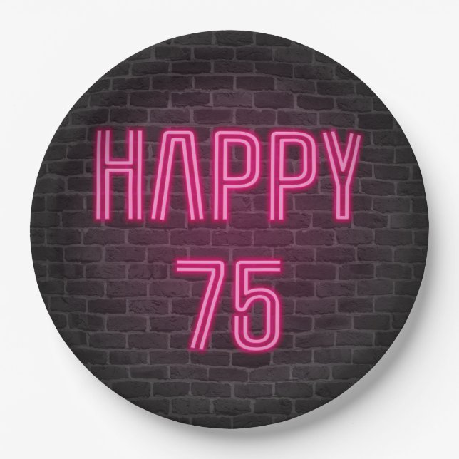 Glowing Pink Neon Sigh for 75th Birthday Paper Plate (Front)