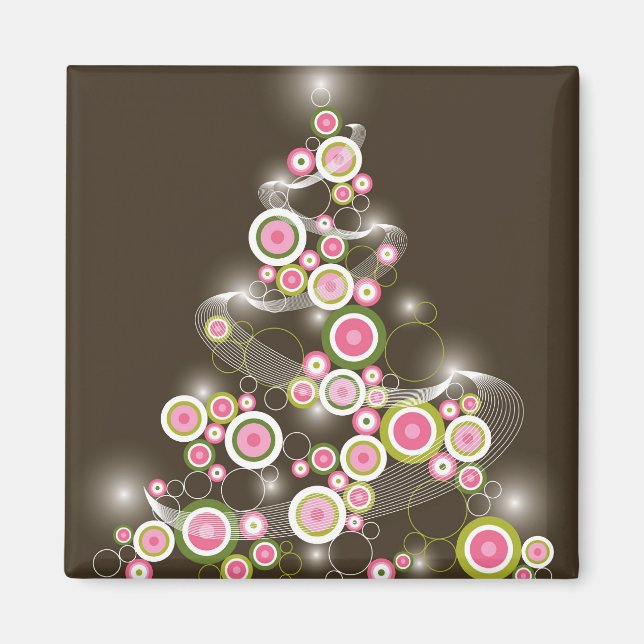 Glowing Pink Retro Circles Abstract Christmas Tree Magnet (Front)
