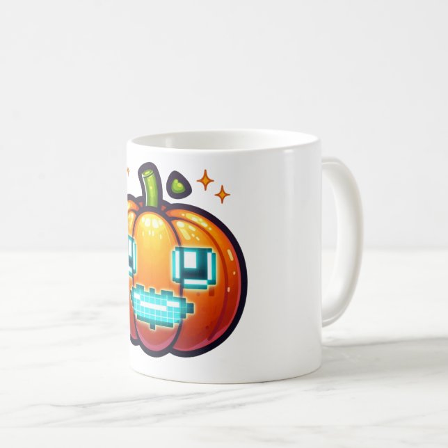 Glowing Pixel Pumpkin Mug – Retro Gamer Halloween  (Front Right)