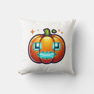 Glowing Pixel Pumpkin Throw Pillow Retro Gamer