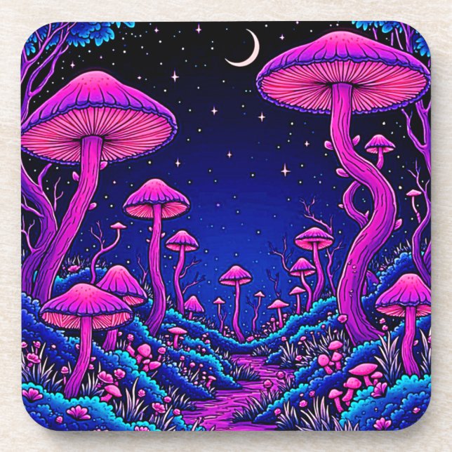 Glowing Psychedelic Mushroom Forest Night Coaster (Front)