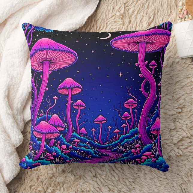 Glowing Psychedelic Mushroom Forest Night Cushion (Blanket)