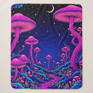 Glowing Psychedelic Mushroom Forest Night Sherpa Blanket