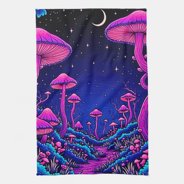 Glowing Psychedelic Mushroom Forest Night Tea Towel (Vertical)