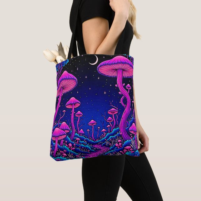 Glowing Psychedelic Mushroom Forest Night Tote Bag (Close Up)