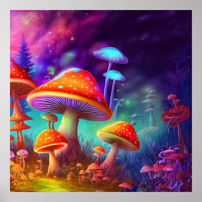 Glowing Psychedelic Mushroom Illustration Poster (Front)