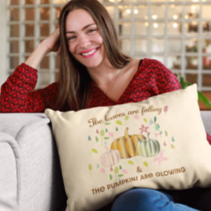 Glowing Pumpkin and Autumn Leaves Floral Doodle Cushion