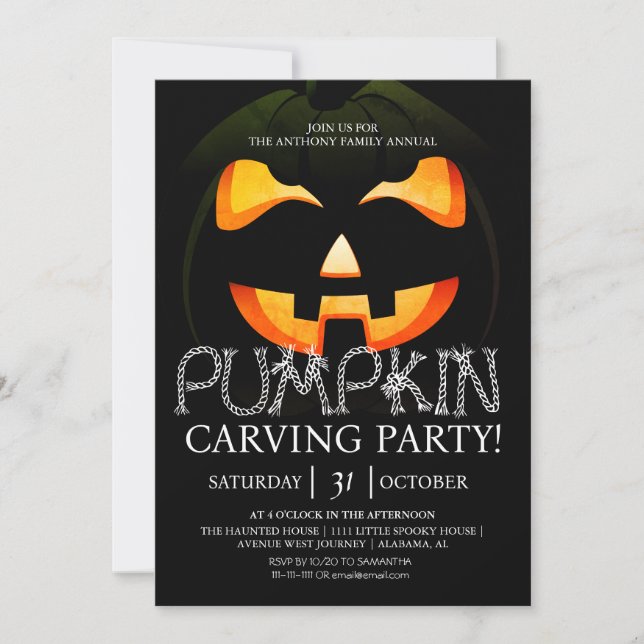 Glowing Pumpkin Carving Party Rope Typography Invitation (Front)