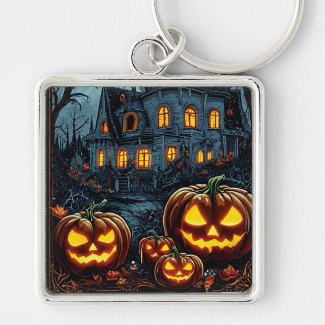 Glowing Pumpkins on Halloween Night Key Ring (Front)