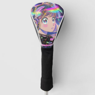 Glowing Rainbow Galaxy Anime Girl with Headphones Golf Head Cover