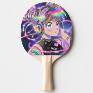 Glowing Rainbow Galaxy Anime Girl with Headphones Ping Pong Paddle