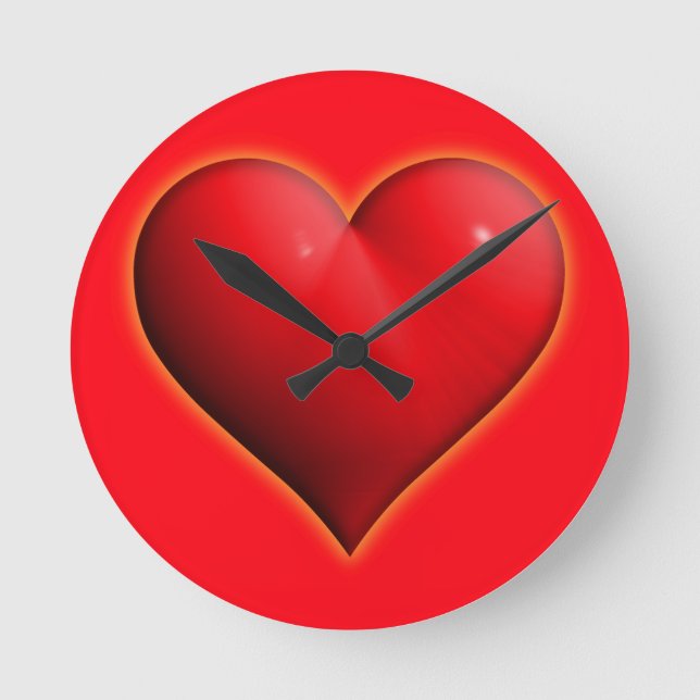 Glowing  Red 3-D Heart Round Clock (Front)