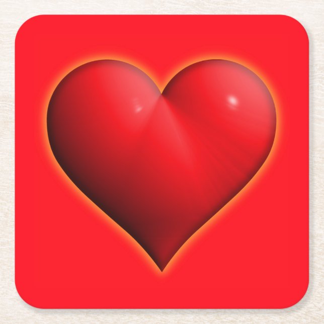 Glowing Red 3-D Heart Square Paper Coaster (Front)