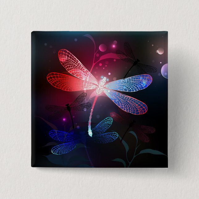 Glowing red dragonfly 15 cm square badge (Front)