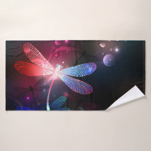 Glowing red dragonfly bath towel
