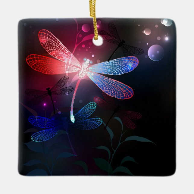 Glowing red dragonfly ceramic ornament (Front)