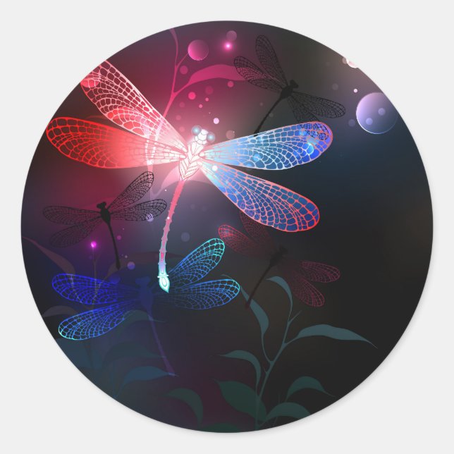 Glowing red dragonfly classic round sticker (Front)